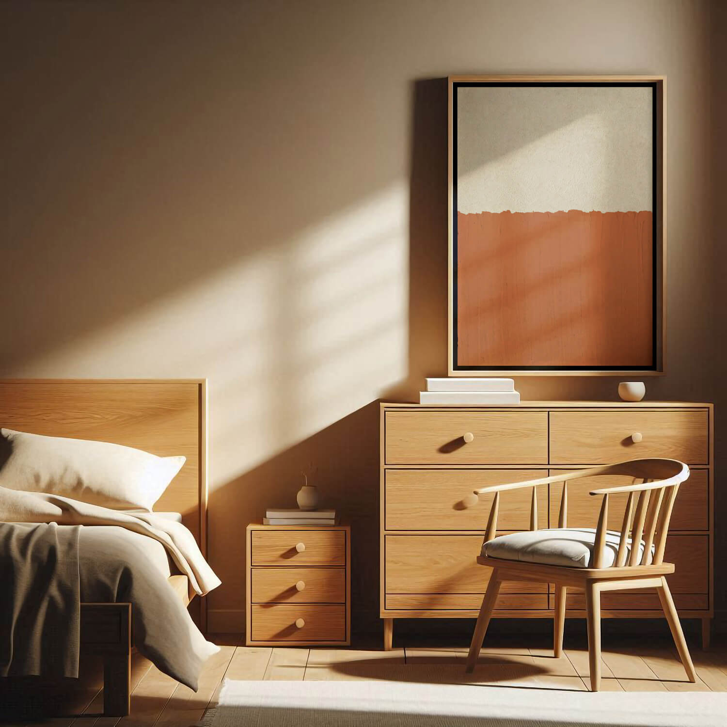 House of Gallerista - Minimalistisches Wandbild mit warmen Erdtönen: Perfekt kombiniert mit einer modernen Schlafzimmer-Einrichtung aus Holz und sanftem Licht. Der natürliche Holzrahmen unterstreicht die Harmonie und zeitlose Eleganz des Designs. Entdecke den House of Gallerista Wandbild-Konfigurator für personalisierte Kunstwerke. Schlüsselwörter: House of Gallerista, Wandbild, minimalistisches Design, Holzrahmen, Wandbild-Konfigurator, Interior Design, Schlafzimmerdekor.