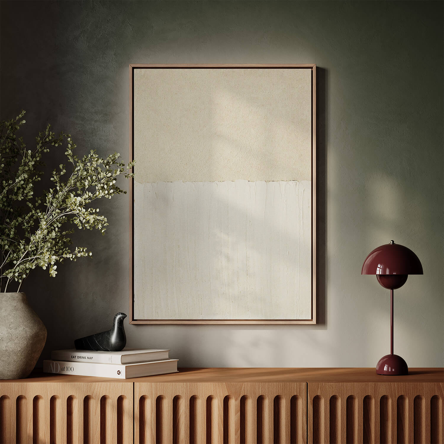 House of Gallerista - Minimalistisches Wandbild in natürlichen Tönen: Eleganter Holzrahmen, perfekt inszeniert auf einem modernen Sideboard mit stilvollen Dekoelementen und weichem Licht. Ideal für zeitgemäße und harmonische Raumgestaltung. Gestalte dein individuelles Kunstwerk mit dem House of Gallerista Wandbild-Konfigurator. Schlüsselwörter: House of Gallerista, Wandbild, minimalistisches Design, Holzrahmen, Wandbild-Konfigurator, Interior Design, natürliche Ästhetik.