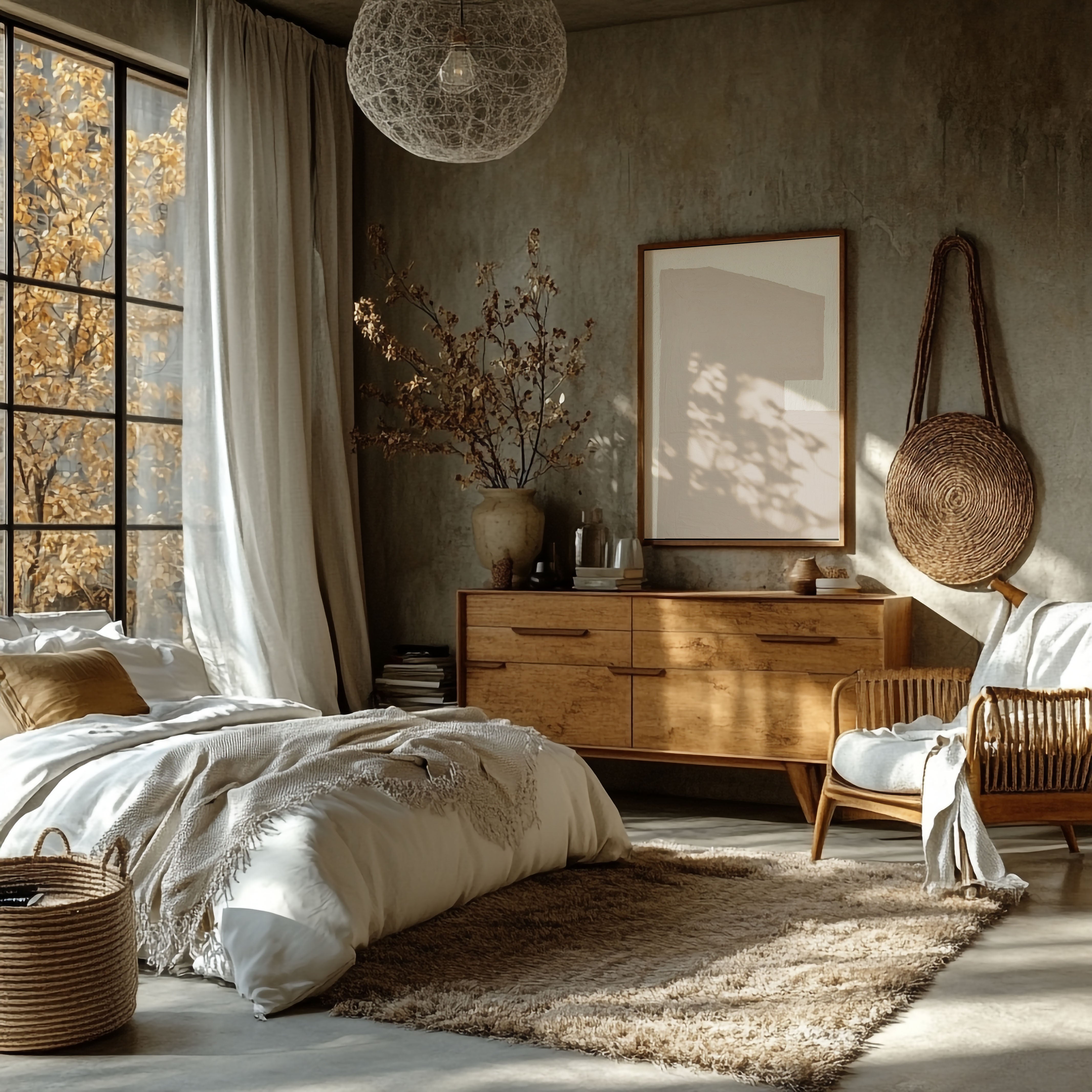 House of Gallerista - Elegantes Schlafzimmer mit minimalistischer Wandkunst: Ein warmes, naturinspiriertes Design mit einem dezenten Wandbild in Holzrahmen, kombiniert mit natürlichen Materialien und herbstlichem Lichteinfall. Gestalte dein individuelles Kunstwerk mit dem House of Gallerista Wandbild-Konfigurator. Schlüsselwörter: House of Gallerista, Wandbild, minimalistisches Design, Wandbild-Konfigurator, Interior Design, Schlafzimmerdekor, natürliche Ästhetik.