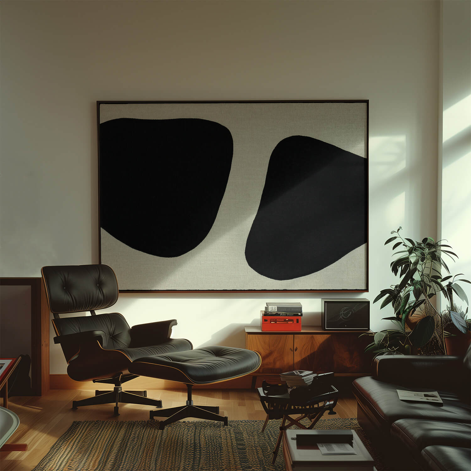 Stoffbild aus der DREAM Serie von House of Gallerista in Schwarz – kontrastreiche Formen auf hellem Hintergrund als eleganter Blickfang im modernen Wohnzimmer.