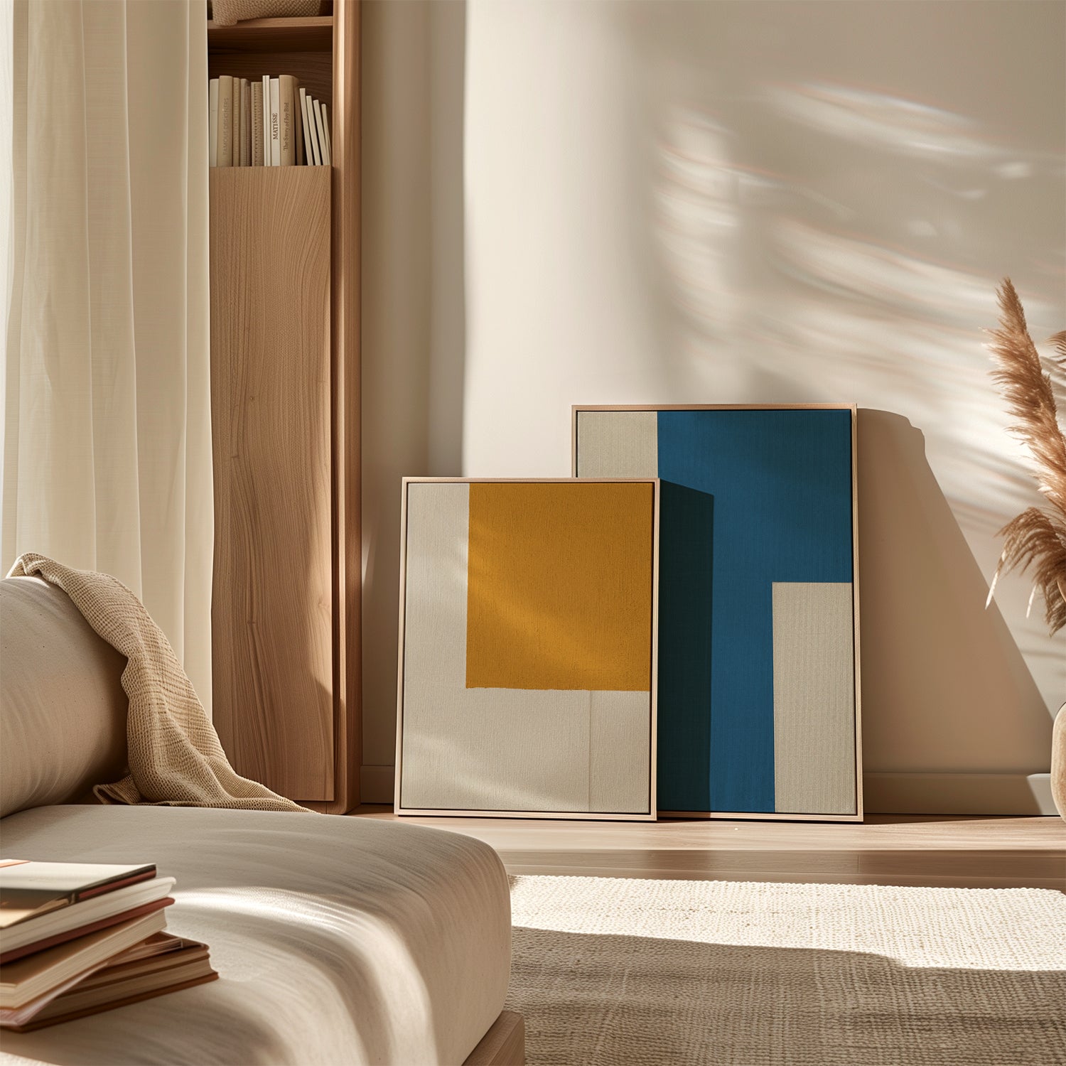 House of Gallerista - Moderne Wandbilder in Gelb und Blau: Minimalistische Designs in eleganten Holzrahmen, perfekt arrangiert in einem hellen und natürlichen Wohnraum. Ideal für stilvolle und individuelle Raumgestaltung. Entdecke den House of Gallerista Wandbild-Konfigurator für personalisierte Kunstwerke. Schlüsselwörter: House of Gallerista, Wandbild, minimalistisches Design, Holzrahmen, Wandbild-Konfigurator, Interior Design, farbige Akzente.