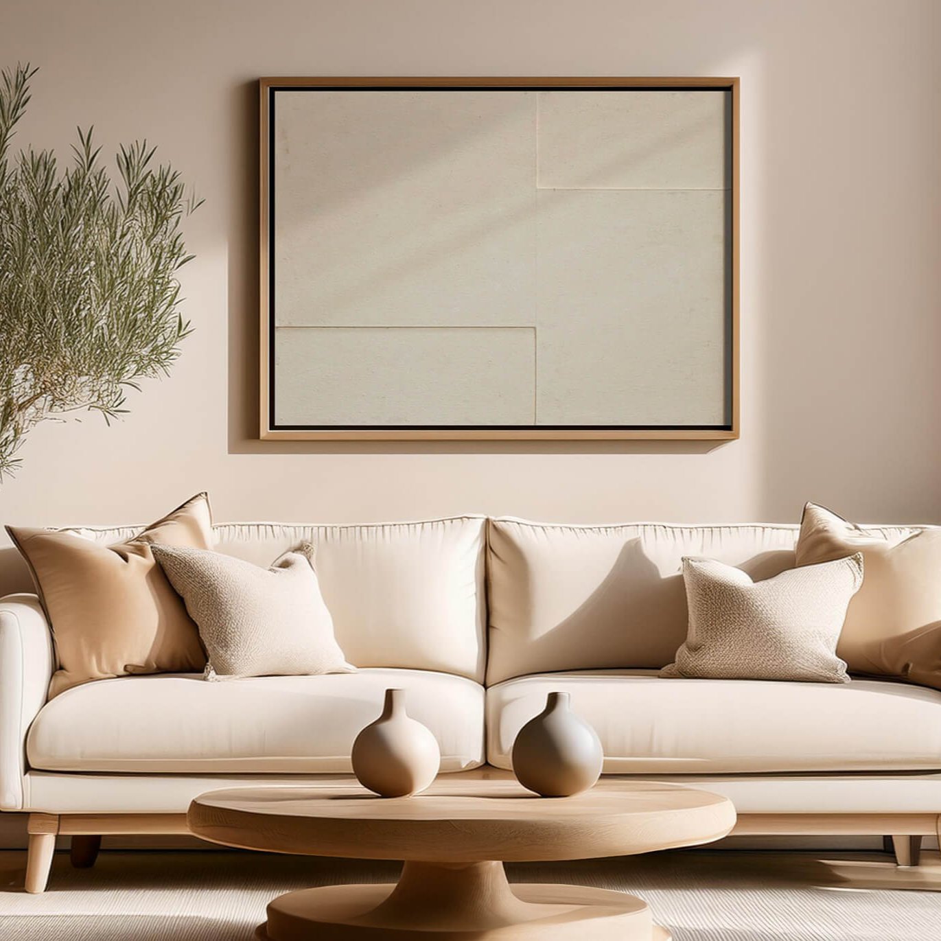 House of Gallerista - Minimalistisches Wandbild in einem modernen Wohnzimmer: Dezentes Design in natürlichen Tönen mit einem eleganten Holzrahmen, perfekt kombiniert mit beigen Akzenten und zeitloser Ästhetik. Entdecke den House of Gallerista Wandbild-Konfigurator für maßgeschneiderte Kunstwerke. Schlüsselwörter: House of Gallerista, Wandbild, minimalistisches Design, Wandbild-Konfigurator, Interior Design, Wohnzimmer, natürliche Farben.