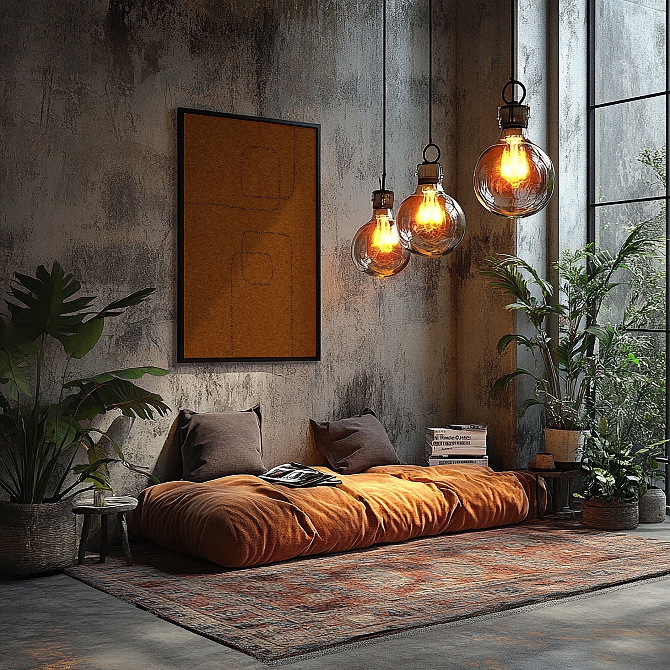 Ein Wandbild aus der Serie "Moon" von House of Gallerista, eingerahmt in einem eleganten schwarzen Holzrahmen, das eine warme und einladende Atmosphäre schafft. Das Stoffbild mit dezenten, geometrischen Mustern kann individuell angepasst werden, um in jeden Raum und Stil zu passen.