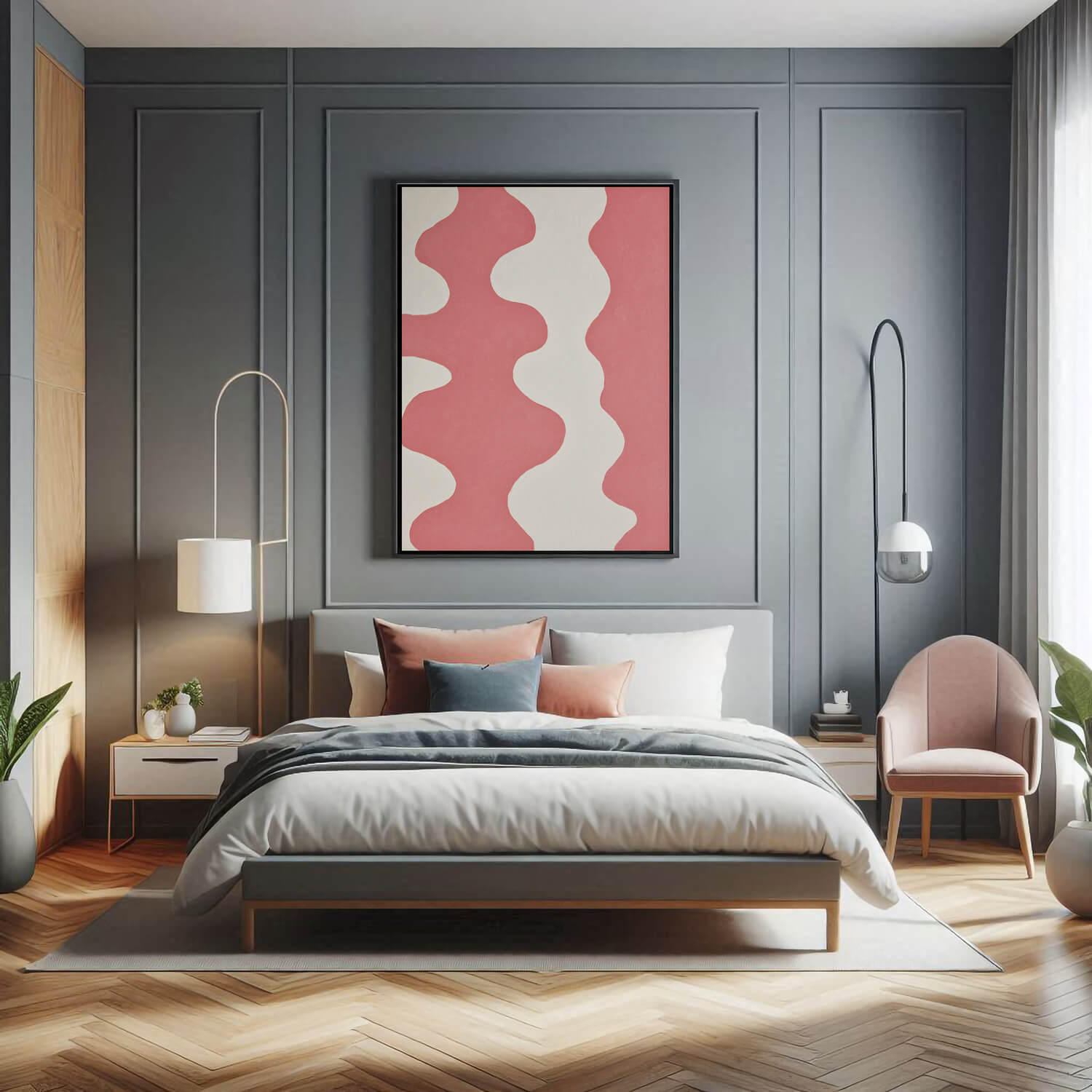 House of Gallerista - Modernes Schlafzimmer mit farbenfroher Wandkunst: Ein lebendiges Wandbild mit geschwungenen Formen in Rot- und Cremetönen, eingerahmt in einem eleganten schwarzen Holzrahmen. Perfekt für ein stilvolles und harmonisches Raumdesign. Gestalte dein individuelles Kunstwerk mit dem House of Gallerista Wandbild-Konfigurator. Schlüsselwörter: House of Gallerista, Wandbild, minimalistisches Design, Wandbild-Konfigurator, Interior Design, modernes Schlafzimmer, farbenfrohe Akzente.
