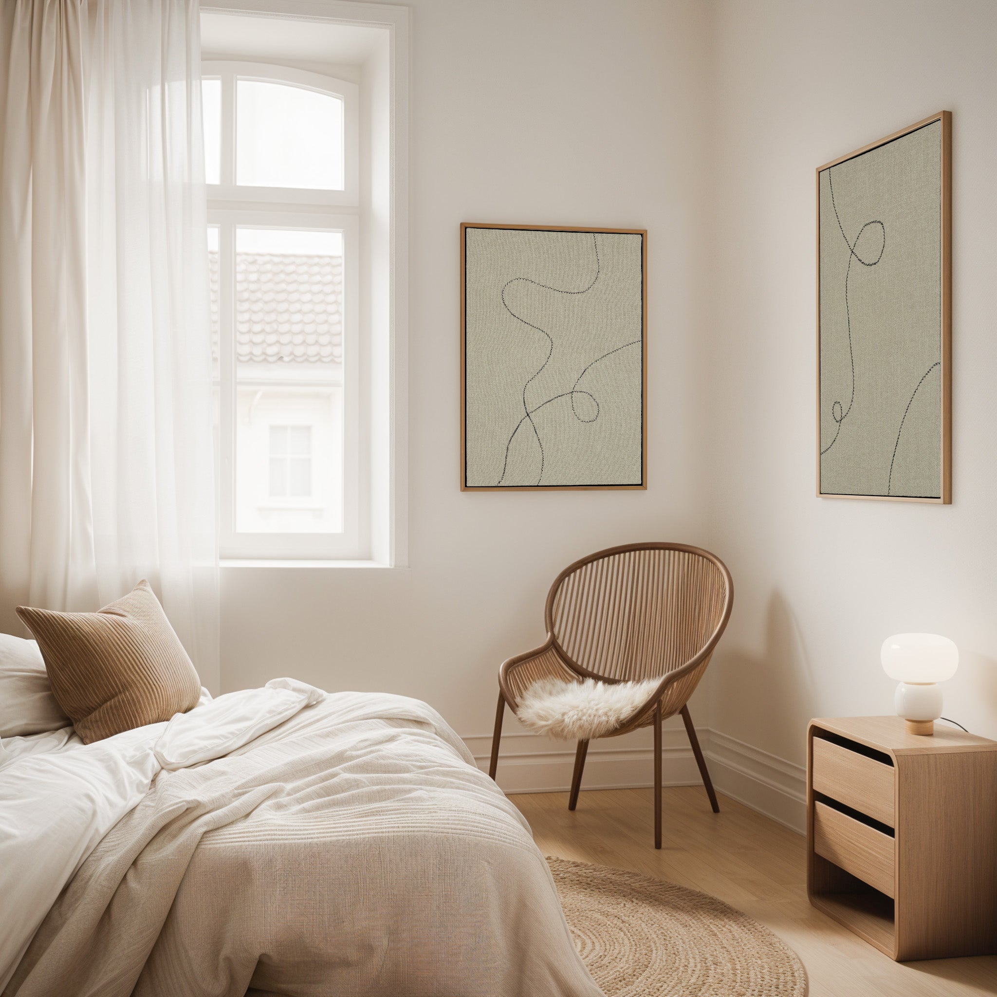 House of Gallerista - Minimalistische Wandkunst in einem ruhigen Schlafzimmer: Zwei abstrakte Wandbilder mit natürlichen Farben und eleganten Holzrahmen, perfekt für ein harmonisches und einladendes Raumdesign. Gestalte deine individuellen Kunstwerke mit dem House of Gallerista Wandbild-Konfigurator. Schlüsselwörter: House of Gallerista, Wandbild, minimalistisches Design, Wandbild-Konfigurator, Interior Design, Schlafzimmerdekor.