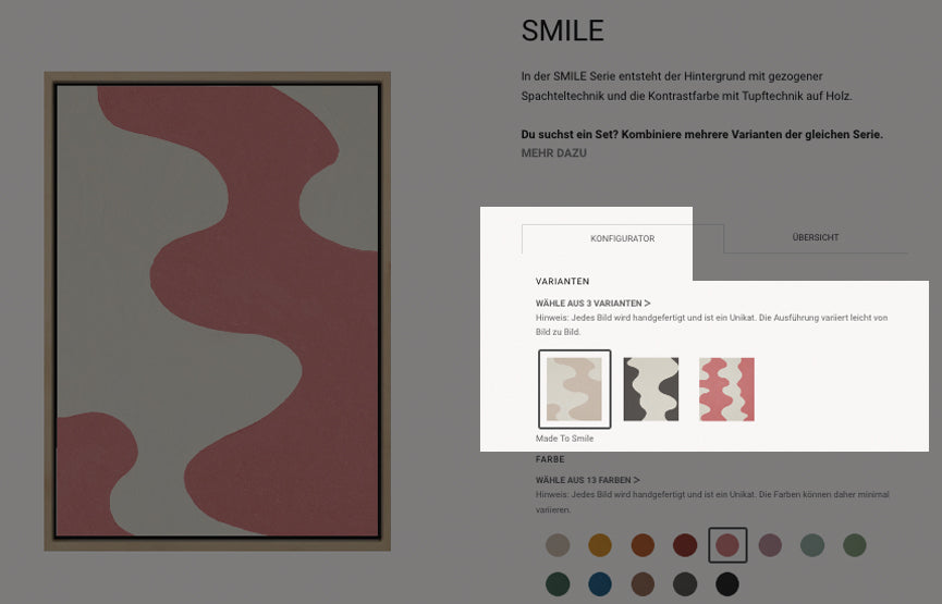 Screenshot der Konfigurationsseite der Serie "Smile" auf der Website von House of Gallerista. Hier können Kunden aus verschiedenen Varianten wählen und die Farben individuell anpassen, um ein einzigartiges Wandbild zu gestalten. Der Konfigurator ermöglicht die Auswahl von Optionen für maximale Personalisierung.